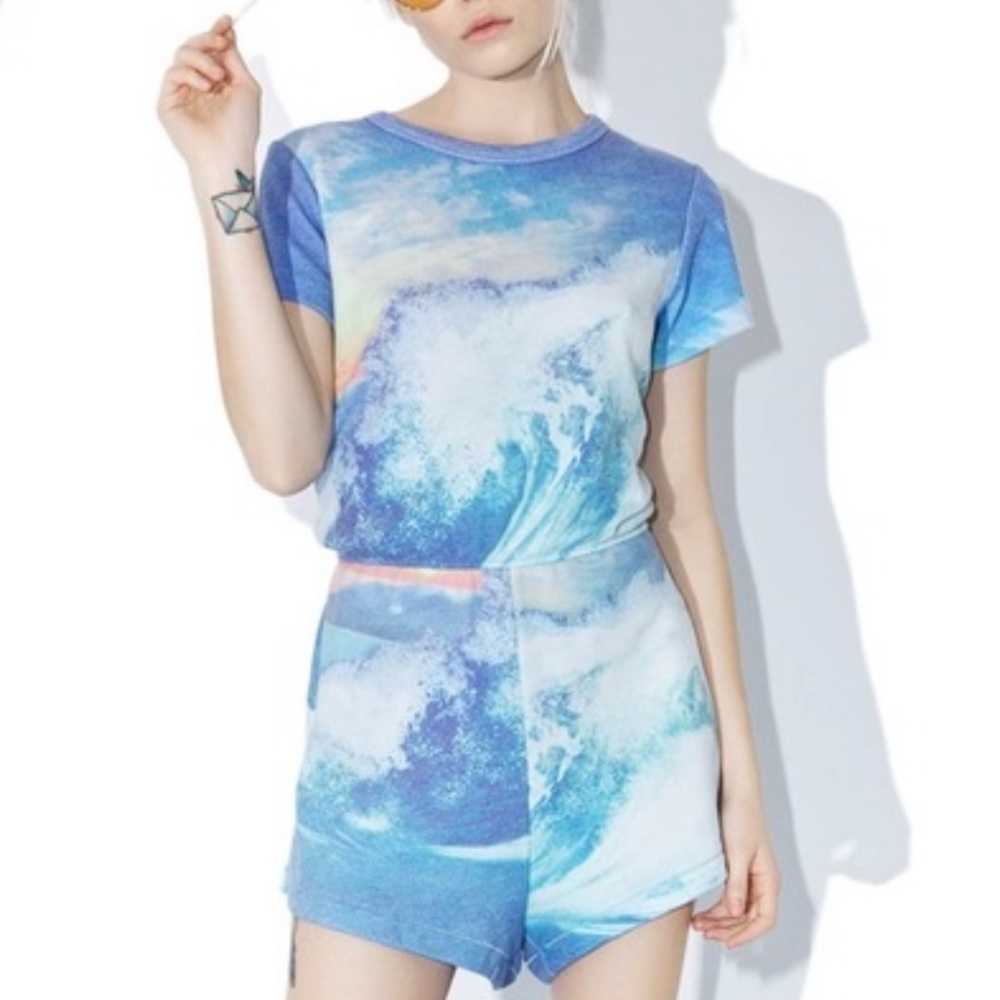 WILDFOX FRENCH TERRY OCEAN WAVE PRINT COZY ROMPER XS URBAN OUTFITTERS